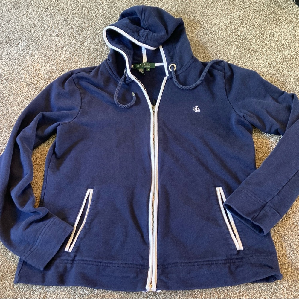 VTG Lauren Ralph Lauren Women’s Jacket Zip Up Hooded  Navy White M Nautical
